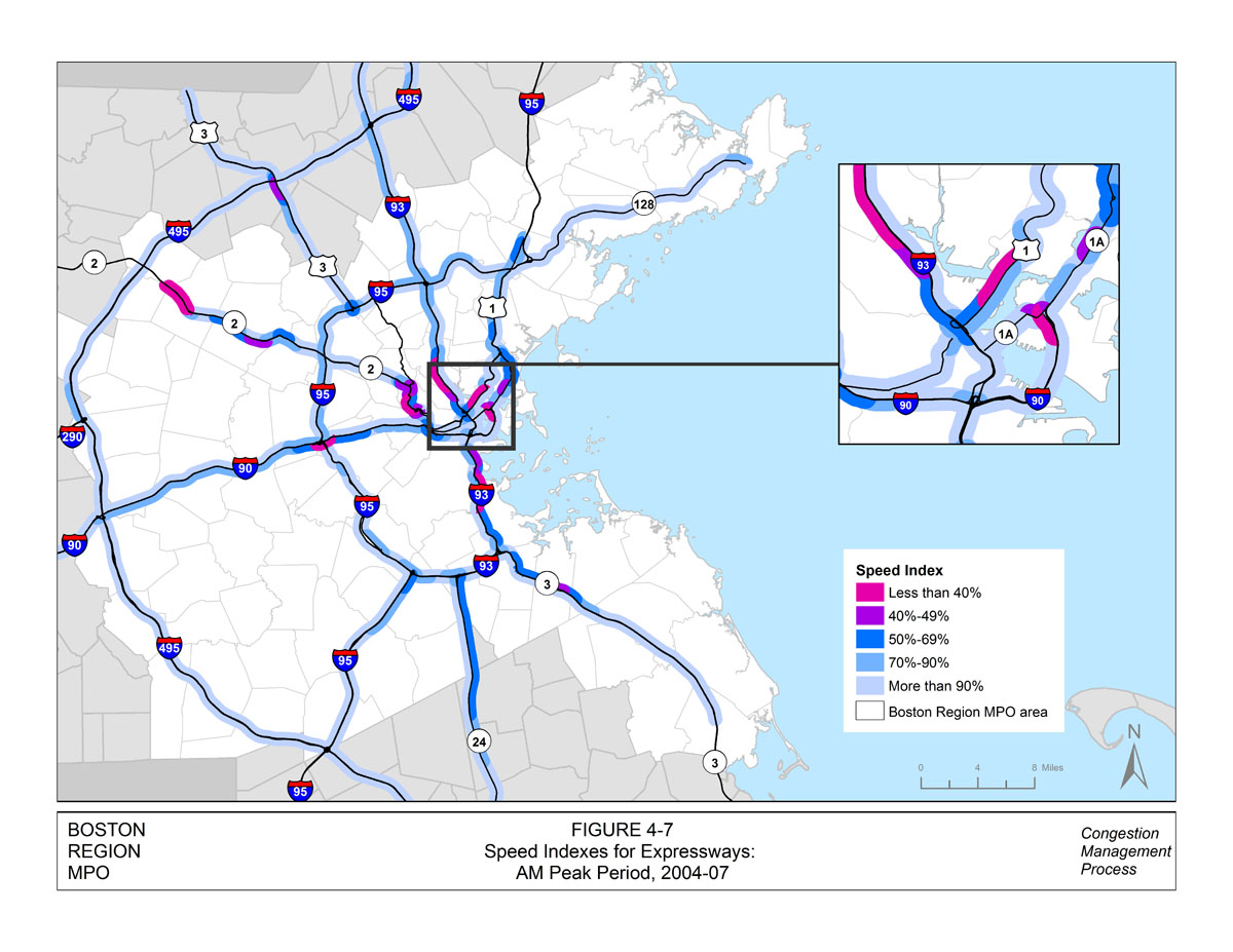 This figure displays the AM speed indexes for the limited-access roadways and expressways in the Boston MPO region. The data for this map were collected between 2004 and 2007. The roadway links are color-coded to show the speed index percentage. Less than 40% is indicated in pink, 40% to 49% percent is indicated in purple, 50% to 69% is indicated in dark blue, 70% to 90% is indicated in light blue, and more than 90% is indicated in teal. There is an inset map that displays the speed indexes for the inner core section of the Boston region.